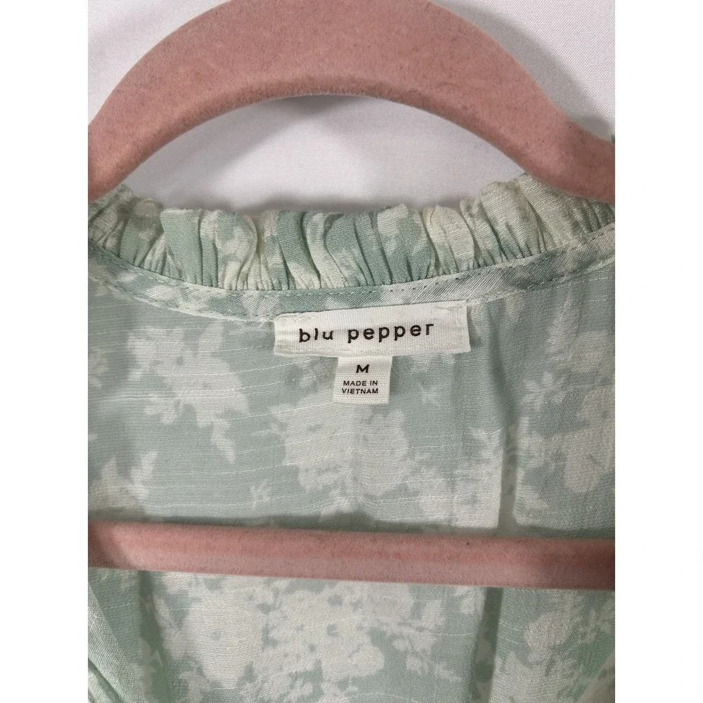Blu Pepper Sage Green Floral Mini Dress‎ Medium Cottagecore Boho Ruffle Smocked - Picture 4 of 10